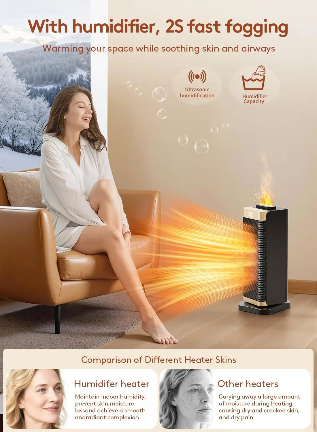 3-in-1 Portable Space Heater with Humidifier & Light, Thermostat, 70° Oscillation
