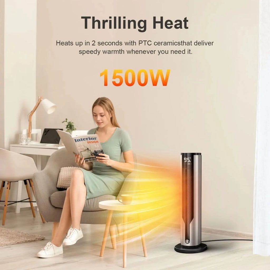 Space Heater, 1500W PTC Electric Heater With Thermostat, 70° Oscillation Timer for Indoor Bedroom