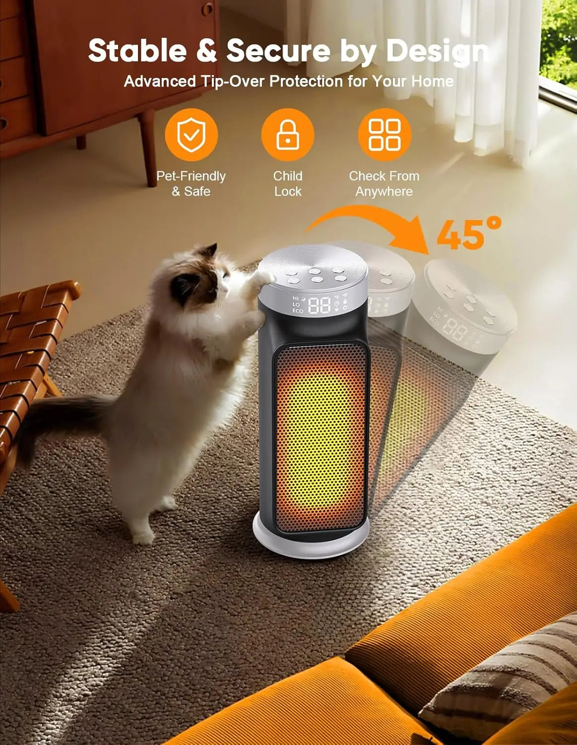 Portable Remote Ceramic Heater for Bedroom, 5 Modes, 24H Timer, 75° Oscillation