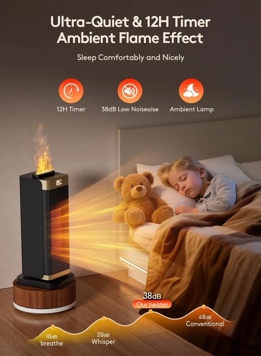 3-in-1 Portable Space Heater with Humidifier & Light, Thermostat, 70° Oscillation