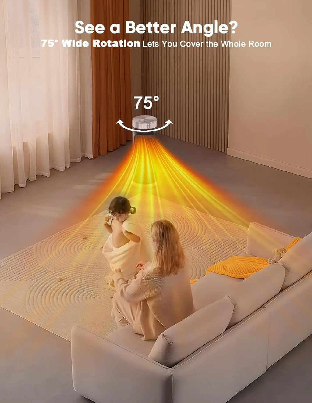 Portable Remote Ceramic Heater for Bedroom, 5 Modes, 24H Timer, 75° Oscillation