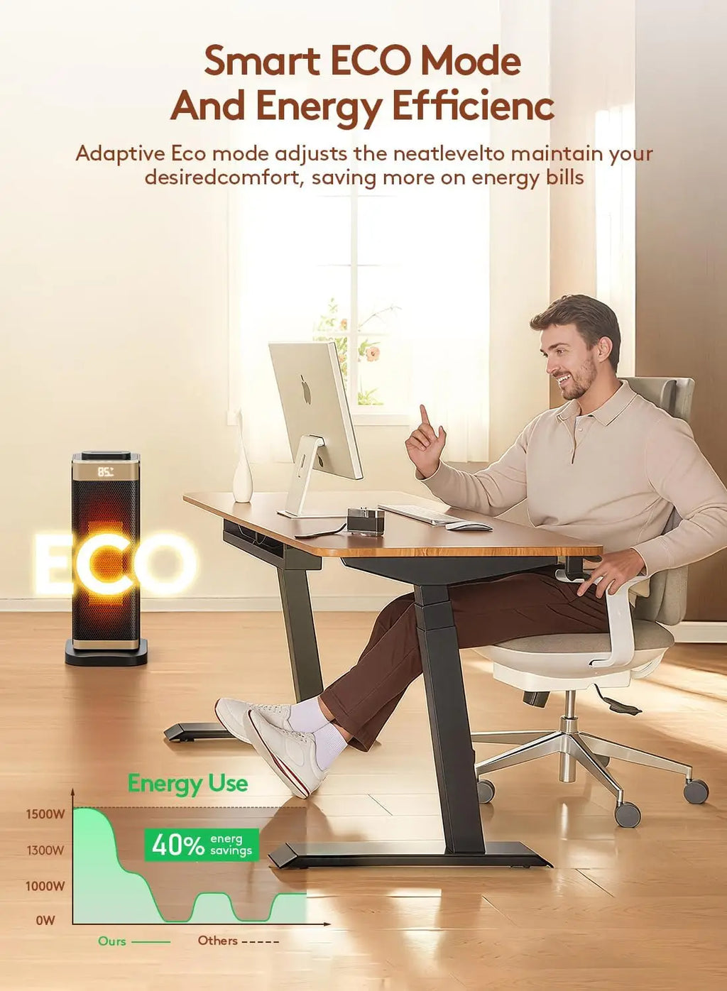 3-in-1 Portable Space Heater with Humidifier & Light, Thermostat, 70° Oscillation